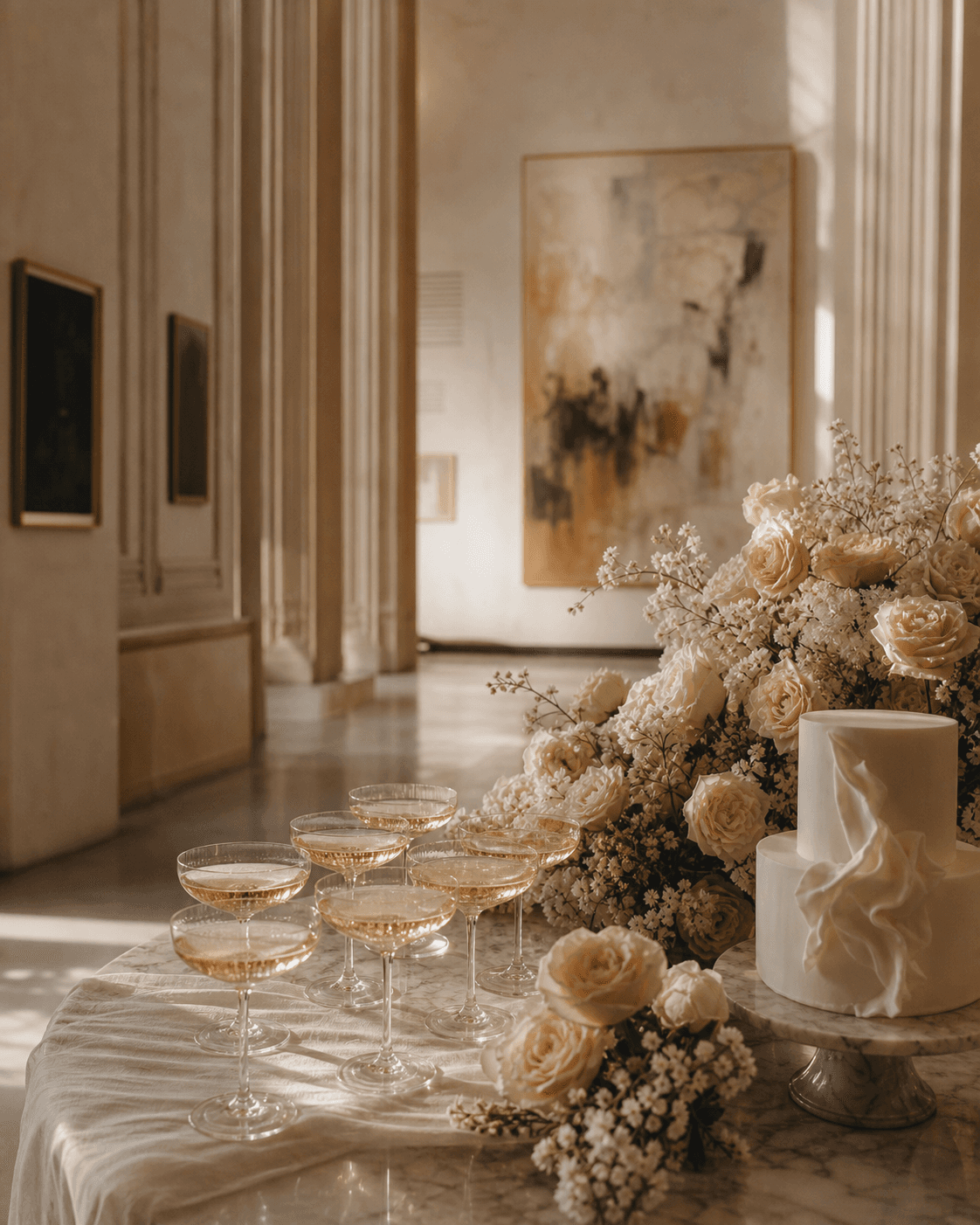 Champagne coupes, cream roses, and a small cake in a softly lit gallery
