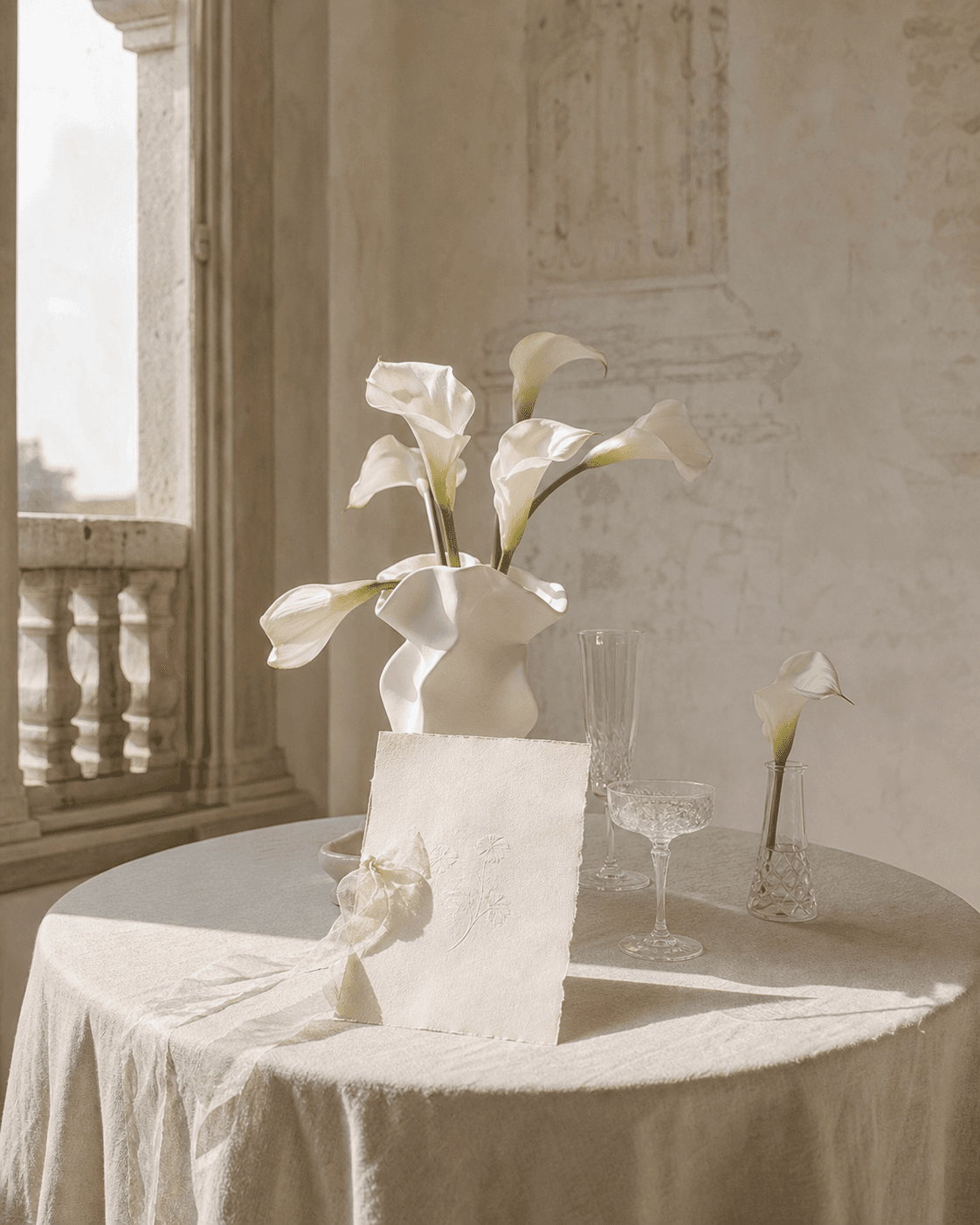 Calla lilies, a handmade invitation, and vintage glassware in a sunlit ivory room