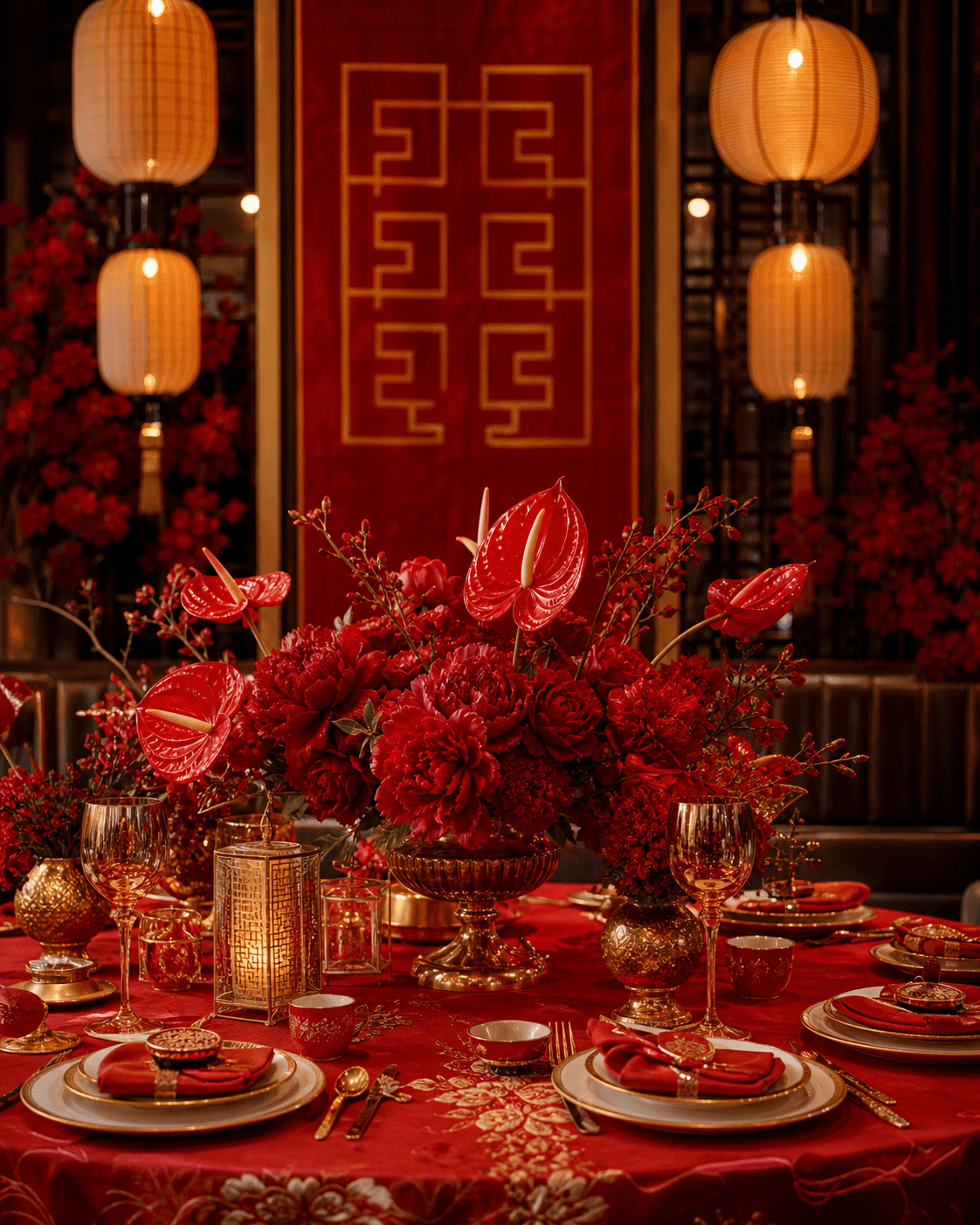 Vermilion wedding table setting with red flowers, lanterns, and gold details