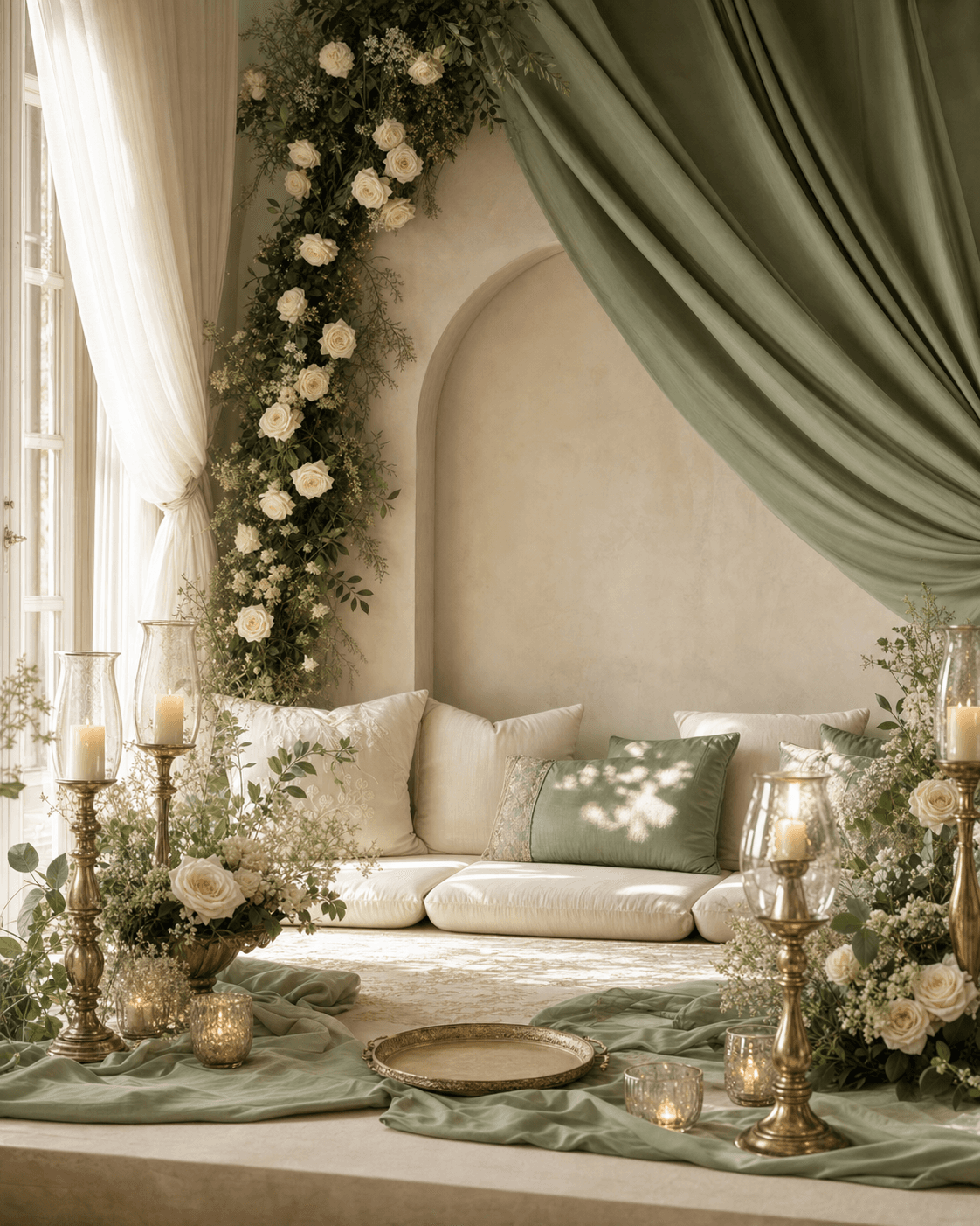 Sage drapery, ivory seating, roses, and gold candleholders at a nikah setting